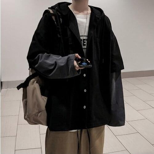 Korean Hooded Jacket Coat 5Xl Men Harajuku Patchwork Jacket 2021 Autumn Vintage Streetwear Fake Two Pieces Windbreaker