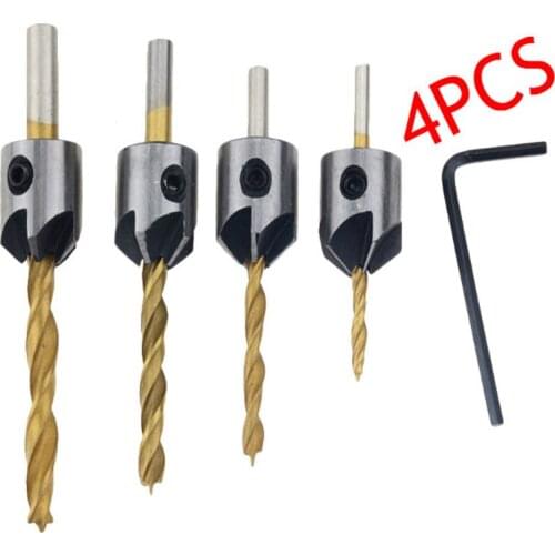 Titanium plated 4pcs Useful HSS Flute Countersink Drill Bit Set Drill Press Set Chamfer Reamer Woodworking Power Tool 3MM-6MM