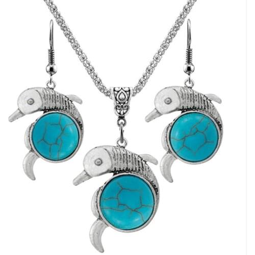 Lovely Dolphin Shape Silver Plated Green Turquoises Stone Necklace Dangle Earrings Animal Jewelry Sets