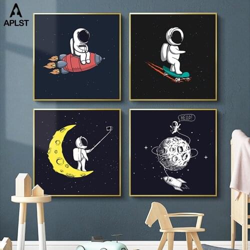 Outer Space Rocket Astronauts Posters Hello Moon Spaceship Canvas Prints Nursery Wall Painting Art Picture Baby Kids Room Decor