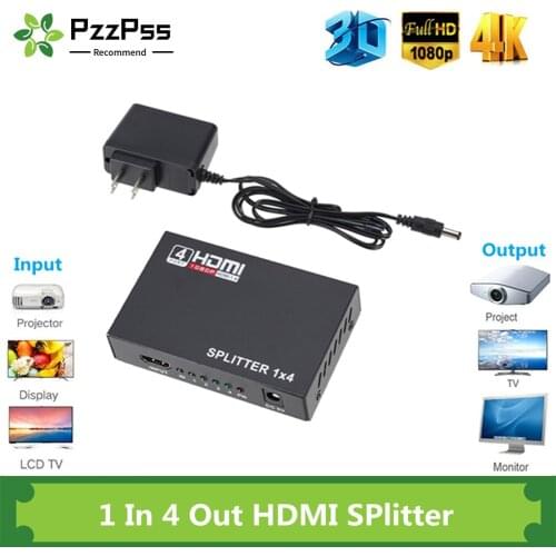 PzzPss 1 x 4 HDMI Splitter Converter 1 In 4 Out HDMI Adapter HD 1.4 Splitter Amplifier HDCP 1080P Dual Display for HDTV DVD PS3