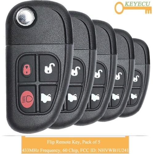 KEYECU Flip Remote Car Key for Jaguar X-Type S-Type 1999-2009, XJ XJR 2002-2008, FOB 4 Buttons - 433MHz - 4D60 Chip - NHVWB1U241
