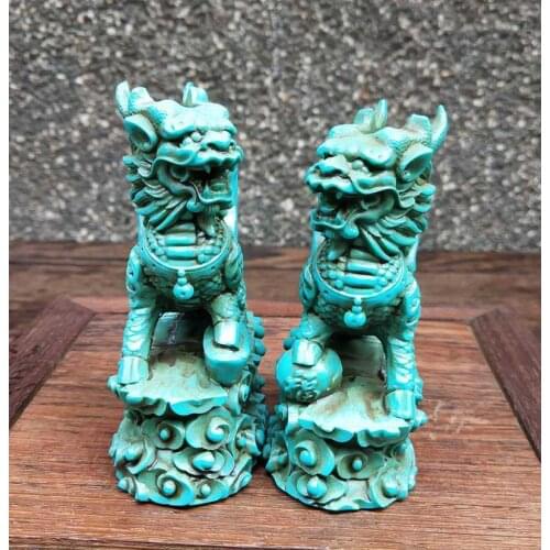 Hand-Carved Chinese Natural Turquoise Statue Lion Exquisite Green