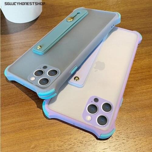 Matte Colorful Acrylic Case Cover For iPhone 12 11 Pro Max XR XS X 8 7 6 6s Plus SE 2020 12 Mini 12 Pro With Hand Strap Holder