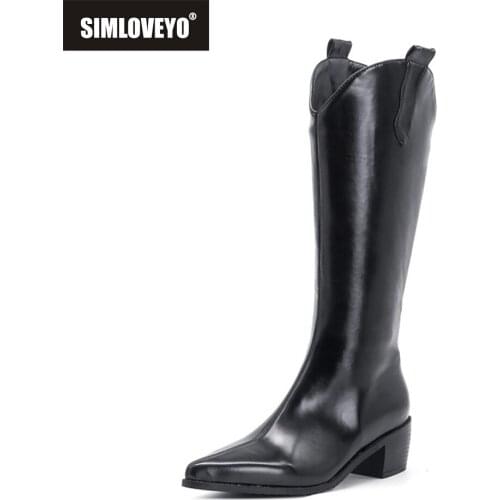 SIMLOVEYO New Square High Heel Patent Leather Knee High Boots Women Pointed Toe Western Style Zipper Big Size 34-48 S2360