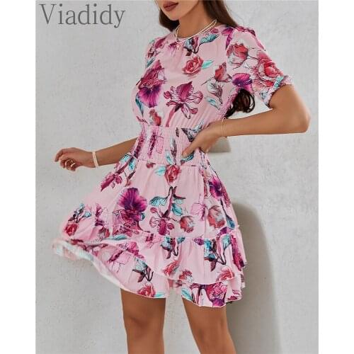 Floral Print Shirring Detail Layered Mini Dress Women Casual Ruffles Short Sleeve A-Line Dress