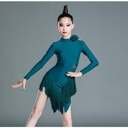 Girls Latin Ballroom Dancing Clothes Latin Dance Dress Tassels Skirts Long Sleeve Fringed Dress Stage Costume Outfits SL5439