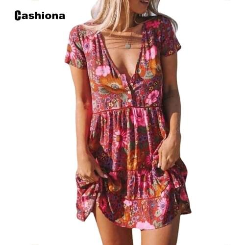 Women Boho Flower Print Dress V-neck Loose Beach Dress 2021 Summer Casual Short Dresses Sexy Femme Clothing Plus Size S-5XL
