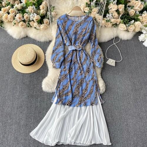 SINGREINY Women Design Splice Print Dress Korean Fashion O Neck Puff Sleeve A-line Dresses Autumn Fashion Streetwear Midi Dress