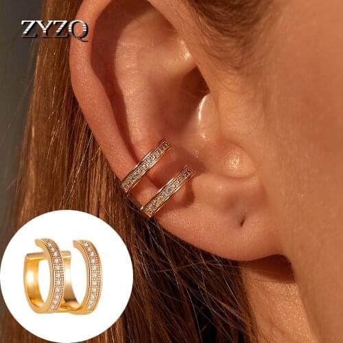ZYZQ Punk Rock Geometric Ear Cuff for Women Vintage Unisex Double layer Cubic Zirconia Clip Earrings Without Piercing Statement