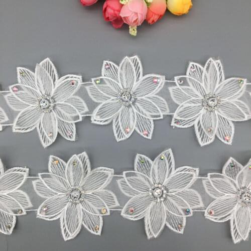 10pcs White Pearl 3D Flower Lace Trim Ribbon Fabric Embroidered Handmade Applique Sewing Craft Wedding Dress Clothes 7.5cm