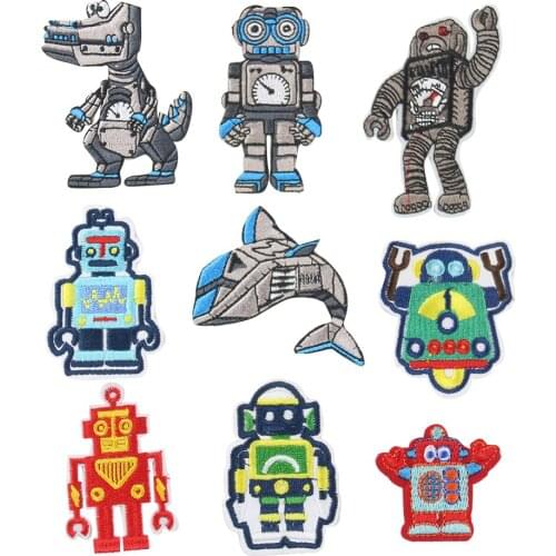 5PCS Robot Shark Patches Iron on Embroidered Applique for Clothes Fabric Badge DIY Sewing Apparel Accessories for Children Cloth