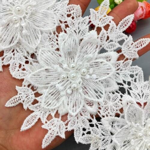 5x Flowers Pearl Soluble Floral Embroidered Fabric Lace Ribbon Applique Patchwork Handmade DIY Lace Trim Wedding Dress Sewing