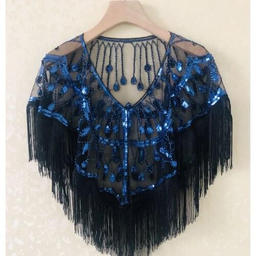 Womens Vintage 1920s New Style Mesh Shawl Tassels Flapper Shawl Sequin Fringe Gatsby Evening Bolero Cape 5940