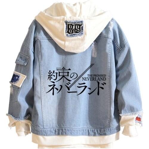 The Promised Neverland Denim Jackets Fake Two Piece Emma Print Women Men Loose Casual Spring Autumn Kawaii Jeans Coat Top 2021