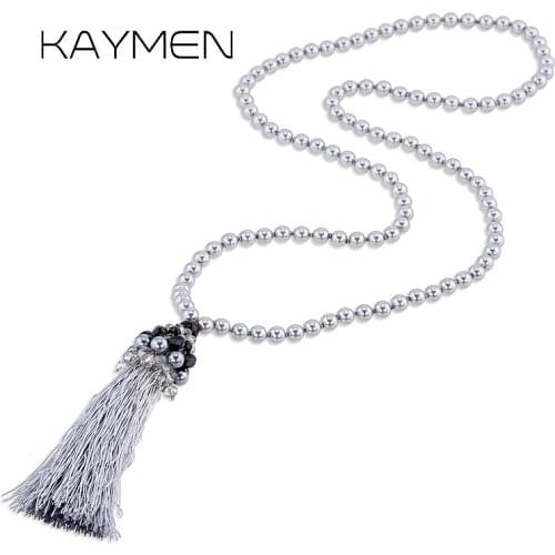 KAYMEN Imitation Pearls Strands Long Chains with Handmade Tassels Pendant Necklace for Girls Bohemia Style Crystal Pendant 4074