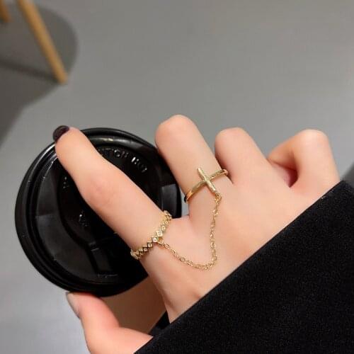 Korean Trendy Cross Zircon Rings for Women Elegant Design Link Chain Connect Two Fingers Rings Female Golden Delicate Party Ring