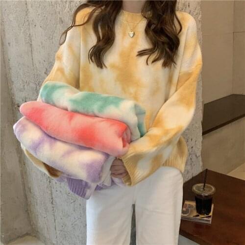 Korean New Sweet Kawaii Girl Sweater Lazy Tender Girl Color Blooming Loose Puff Sleeves Offiec Lady Punk All-Match Top Pullovers