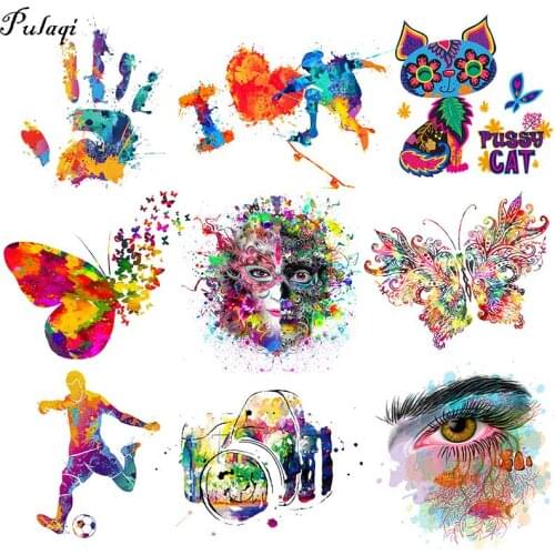 Colorful Butterfly Iron On Patches For Clothing Girl T-Shirt Heat Transfers For Clothes DIY Cartoon Cat Camera And Eye Stickers