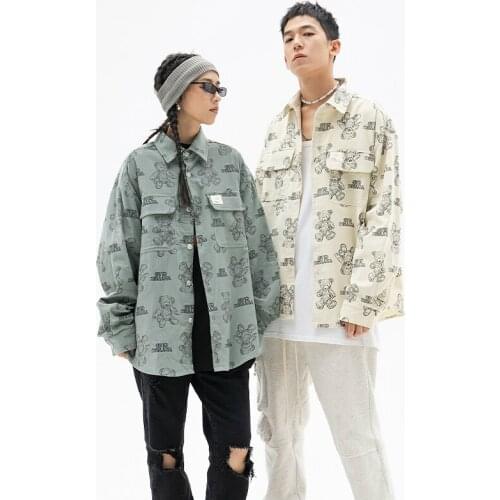 Hot Selling American Fashion Brand Men All Over Printed Vintage Bear Unisex Shirt Loose Casual Student Garment