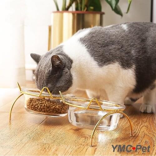 Cute Cat Food Bowl with Golden Stand Glass Dog Double Bowls Raised Cat Food and Water Feeder Cat Accessories Pet