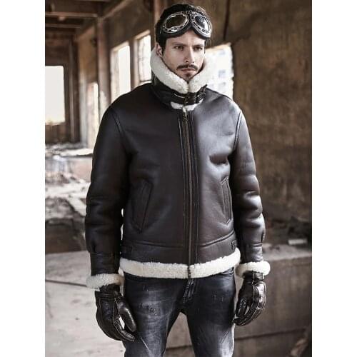 Mens B3 Sheepskin Shearling Jacket Short Leather Jacket Mens Motorcycle Jacket Airforce Flight Coat