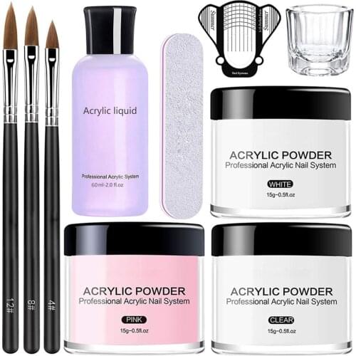Acrylic Powder Set Liquid Monomer Crystal Powder Pink/White/Clear with Nail Brush File Dipping/Carving/Extension Tools Kit TSR-9