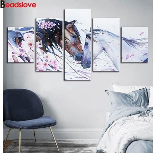 5 Panel pink flower black and white horses lover diamond embroidery 3d picture diamond painting cross stitch full square round