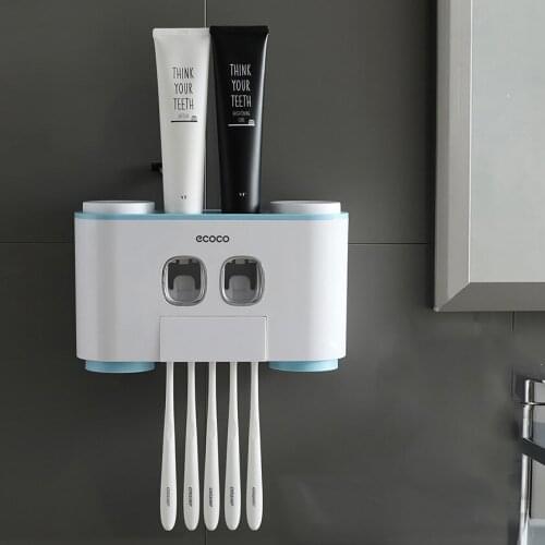 Wall-Mounted Toothbrush Holder with 2 Toothpaste Dispensers 4 Cups and 5 Toothbrush Slots Toiletries Bathroom Storage Rack