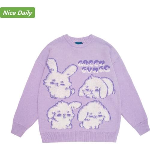 NiceDaily Harajuku Cute Cartoon Rabbit Round Neck Autumn Winter Womens Sweater Cotton Japanese Loose Pullovers Couple Sweater