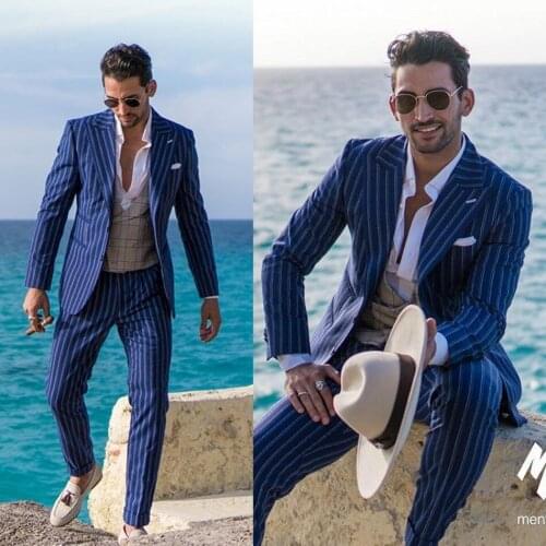 New Rope Stripe Men Tuxedos Groom Wedding Suits Slim Fit Two Button Peaked Lapel Mens Suit 2 Pieces Coat Pants (jacket+Pants)