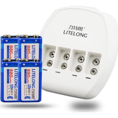 New original 4PCS 9V 880mAh lithium ion rechargeable battery + 9V Ni MH / Ni Cd / lithium ion battery universal charger