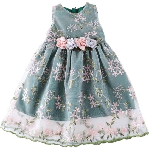 Baby Girls Clothes 3 To 14 Years New Summer Sleeveless Party Wedding Flower Embroidery Kids Green Pink Lace Dresses