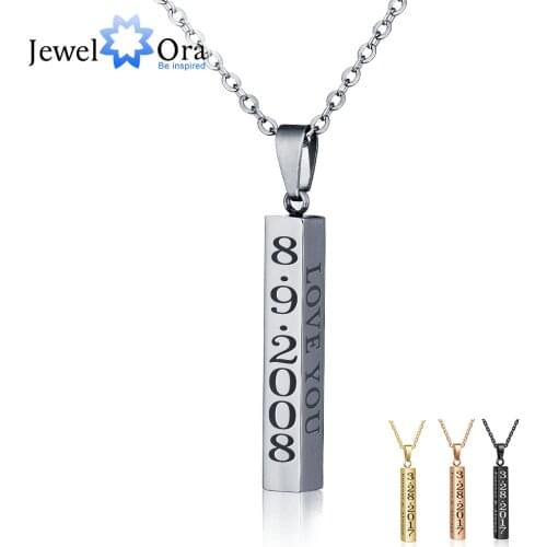 Personalized Engraved Name Date Necklaces for Women Unisex Stainless Steel Vertical Bar Necklaces & Pendants (JewelOra NE101301)