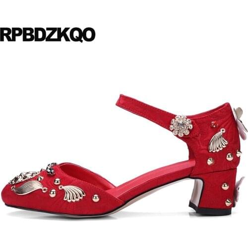 Luxury Strap Pearl Ladies Shoes For Wedding Red Rhinestone Thick Flower Pumps Rivet Stud Handmade Ankle Metal D'orsay Fashion