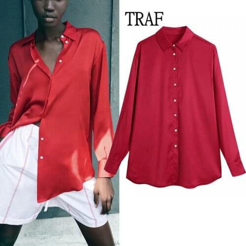 TRAF Za Women Shirt 2021 Spring Autumn Vintage Red Button Shirt Woman Loose Long Sleeve Oversize Shirt Elegant Blouse Chic Top