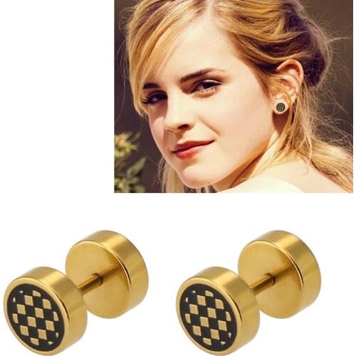 Grid Pattern Stainless Steel Earrings Double Sided Round Bolt Stud Earrings for Men Punk Gothic Barbell Gold Earrings 30pcs/lot