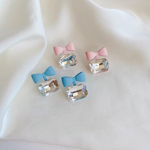 Cute Pink Bowknot Crystal Earrings for Women Girls Korean Blue Dangle Drop Earrings Wedding Party Fashion Jewelry Wholesale Gift