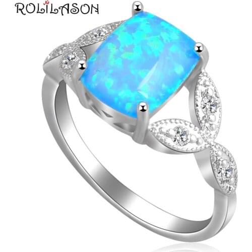 Blue fire Opal silver plated Ring Fashion Jewelry Rectangle shape Trendy Rings for Women USA size #7 #8 #8.5 OR557