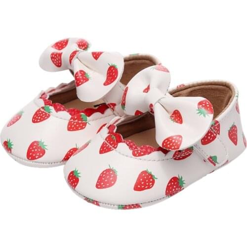 Newborn Baby Girls Bow Pu Princess Cute Strawberry Shoes First Walkers Soft Sole Anti-Slip Toddler 0-24M