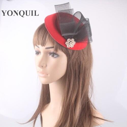 Felt Women Hats with Crinoline Rhinestone Bridal Cocktail Fascinator Hats Elegant Party or Wedding Hair Accessories 17 Colors