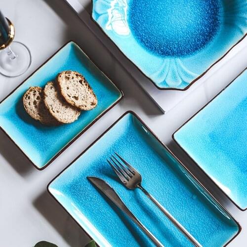 KINGLANG Japanese ice crack glaze blue tableware square plate western food household plate dessert snack flat plate