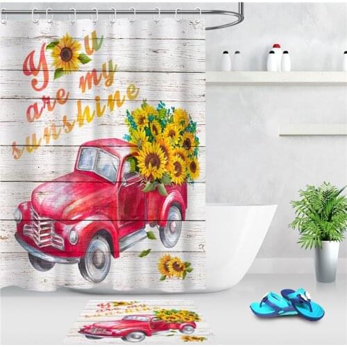 Bright Yellow Sunflower Shower Curtains for Bathroom Red Truck Pulling Yellow Flowers Farm Curtain with 'You are My Sunshine