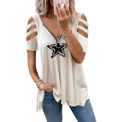 Women T-shirt Five-pointed Star Zipper Summer Short Sleeve V Neck Blouse for Dating Five-pointed Star V Neck Top