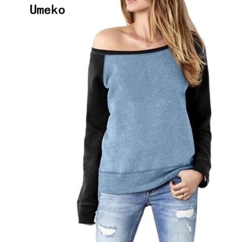 Umeko Blue One Shoulder Contrast Color Sweatshirts Women Fashion Fall Winter Long Sleeve Sexy Casual Pullover Clothing Ladies