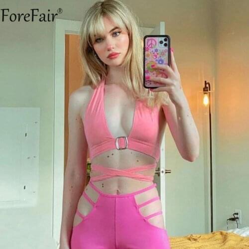 Forefair Women Halter Neck Pink Y2k Crop Top Bandage Backless Off Shoulder Hollow Out Summer Black Sexy Tank Tops 2021 Fashion