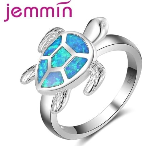 Special Turtle Blue Fire Opal Animal Rings For Women Wedding Fashion Jewelry 925 Sterling Silver Cocktail Ring