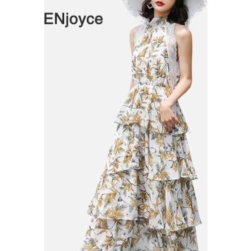 Women Floral Print Tiered Layer Hem Ruffles Sleeveless Dress Holiday Casual Vacation Chiffon Maxi Dresses 2020 Summer