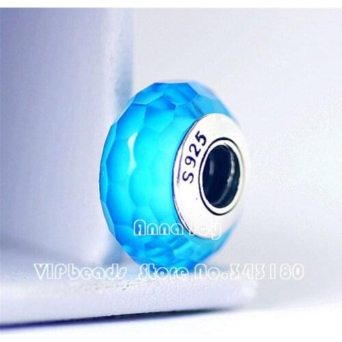 2PCS 925 Sterling Silver Aqua Fascinating Faceted Murano Glass Charm Beads Fit European Pan dora Charm Bracelets ZS249