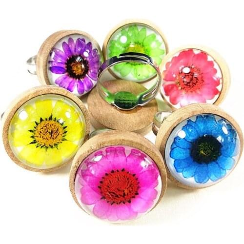 24pcs(12 Styles) Log, dark brown Wood Cabochon Ring Base with Mandala Photo Glass Cabochon the Ethnic Style ring